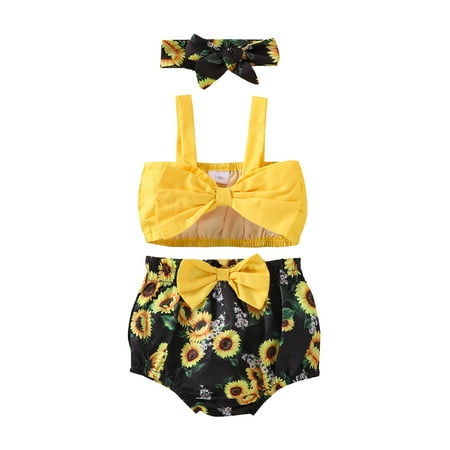

GWAABD Girl Outfit Sets Yellow Cotton Blend Baby Girls Sleeveless Leopard Sunflower Printed Bowknot Vest Tops Shorts Headbands Outfits 3M
