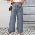 thumbnail image 2 of Duqingm Wide Leg Pants for Women Women's Striped Wide Leg Low Rise Linen Pants Drawstring Elastic Waist Long Trousers with Pockets Navy,M, 2 of 6