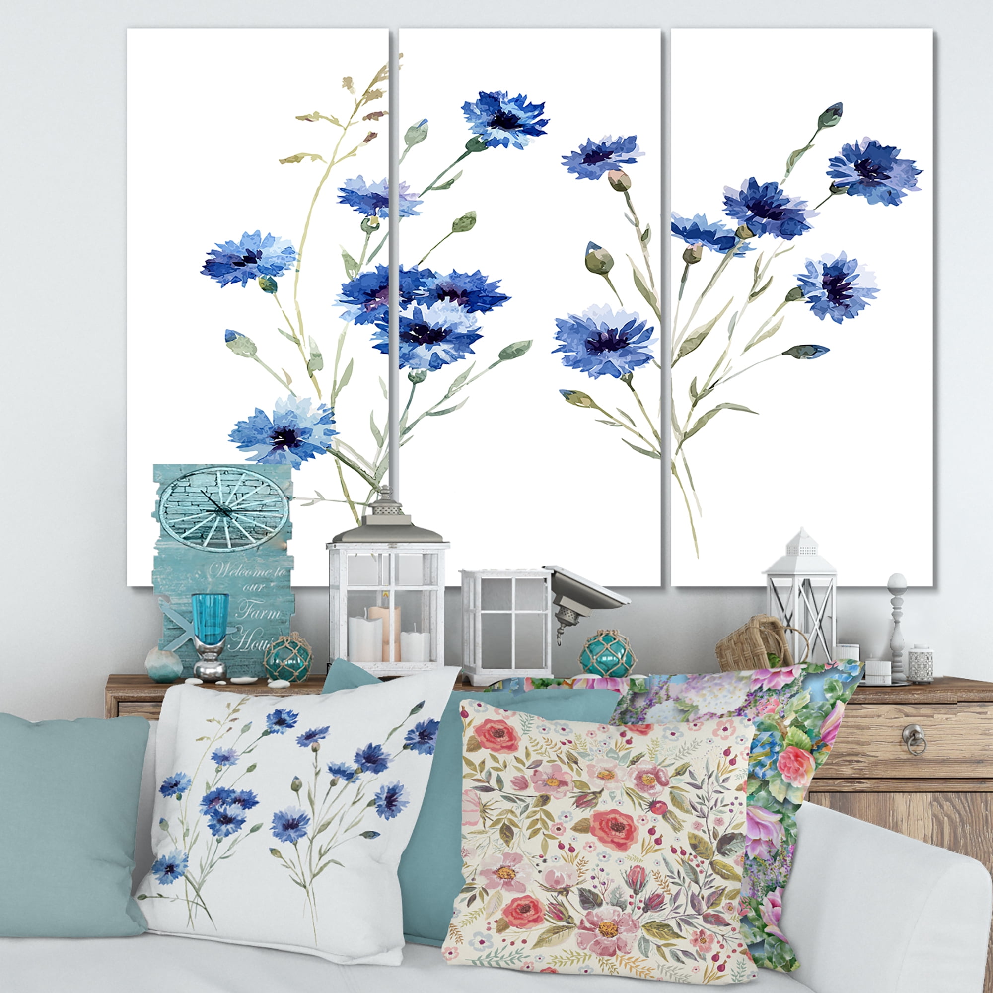 Designart ' Blue Cornflowers With Green Leaves On White III ' Traditional Canvas Wall Art Print