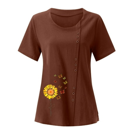 

NECHOLOGY plus Size Camisole Women s Printed Round Neck Raglan Sleeve Hem Slit Loose Short plus Size Exercise Clothes for Women Coffee Medium