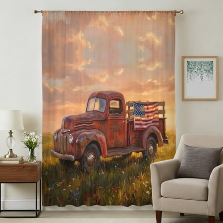 Farmhouse Truck Sheer Curtains 72 Inches Long Rural Meadow Burnt Orange Sky Light Filering Curtains Breathable Simi Curtain Privacy Drapes for Living Room Bedroom Lightweight Window Treatment