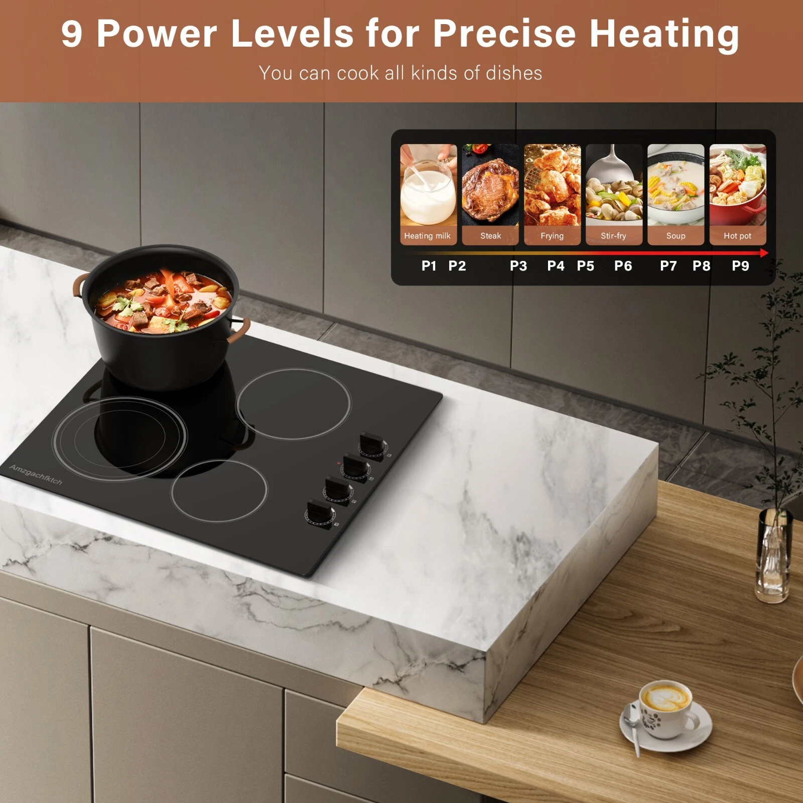 24 inch Built-In 4 Burner Electric Cooktop Dual-Ring Burners 6700W Radiant StoveTop with Knob Control Residual Heat Indicator auto shut off, 220V~240V Hardwire (No Plug)