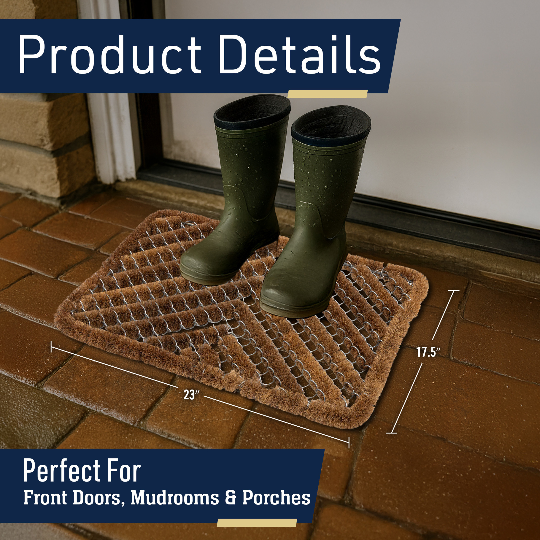 Kings County Tools 23x17.5” Natural Coir Doormat with Stainless Steel Mesh - Outdoor Welcome Mat