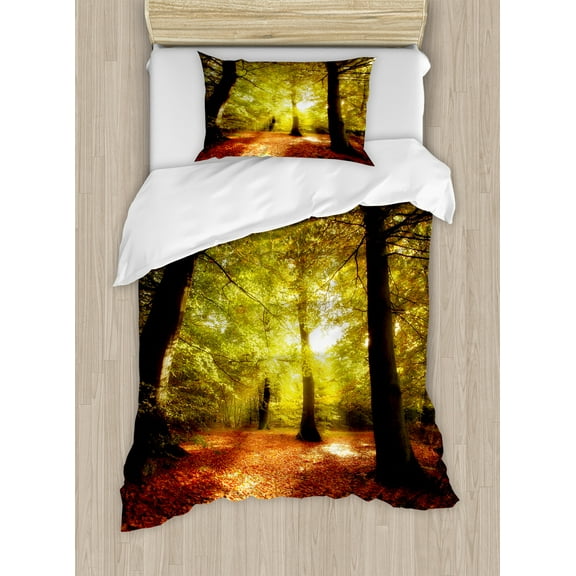 Fall Duvet Cover Set, Blurry View of Forest Defoliation Mysterious Dramatic Dreamlike View, Decorative 2 Piece Bedding Set with 1 Pillow Shams, Twin Size, Pale Green Red Brown, by Ambesonne