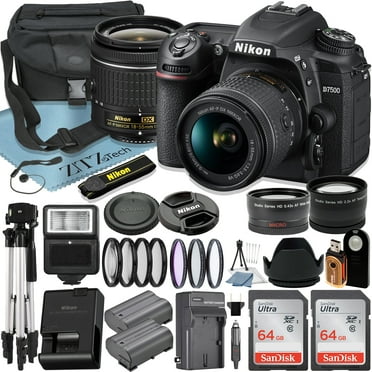 Nikon D7500 DSLR Camera with 18-55mm Lens   2pcs SanDisk 64GB Memory Card   Case   Tripod   Wideangle   Telephoto   ZeeTech Accessory Bundle