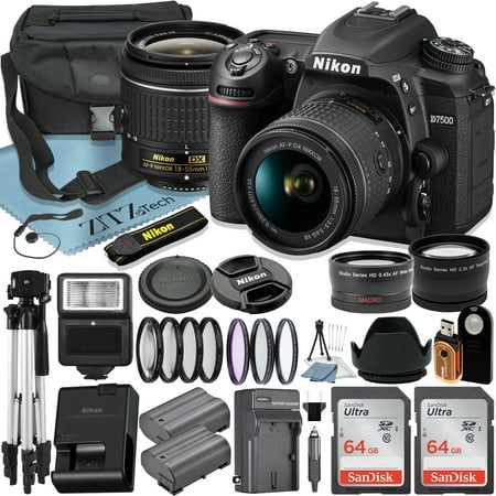 Nikon D7500 DSLR Camera with 18-55mm Lens + 2pcs SanDisk 64GB Memory Card + Case + Tripod + Wideangle + Telephoto + ZeeTech Accessory Bundle