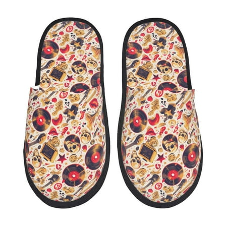 Balery gold Skull Guitar record Slient Indoor Furry Fleece Comfort House Shoes Soft Non-Slip Home Shoes Cotton slippers House Slippers-- Large