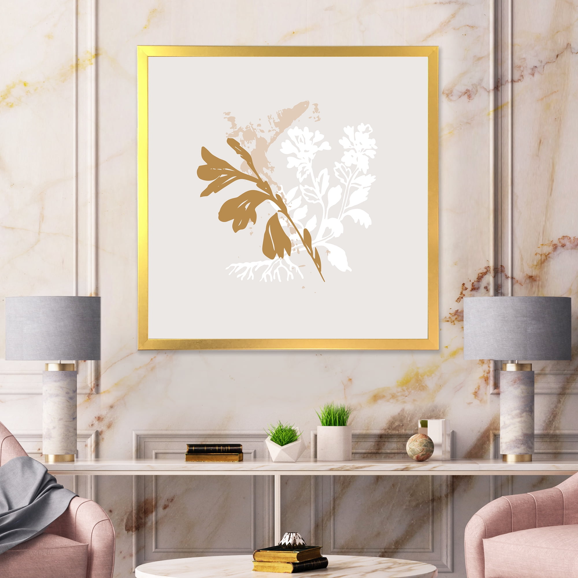 Designart 'Minimal Botanical Design In White and Brown' Traditional Framed Art Print