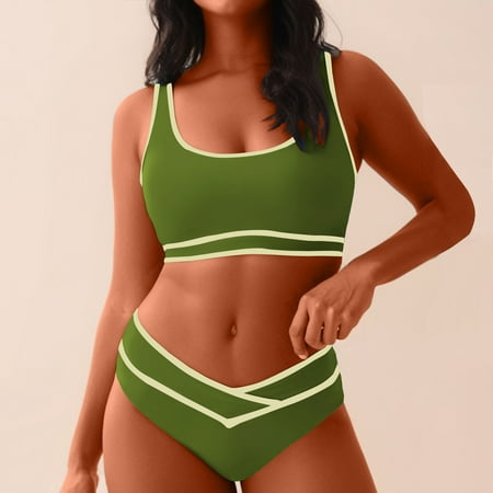 Munlar Two-Piece Sets Womens Swimsuits Tummy Control Green Bikinis Solid Swim Briefs Sexy Spaghetti Straps Swimwear