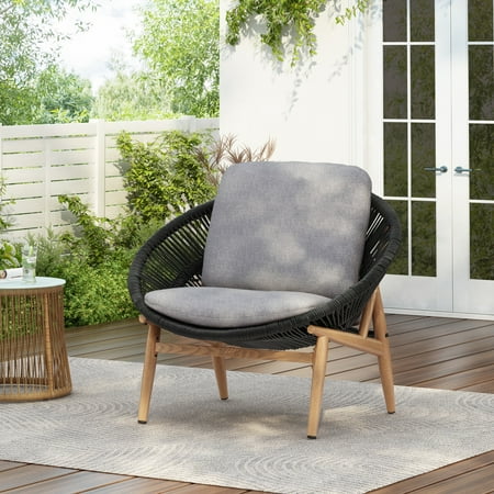 Christopher Knight Home Outdoor Rattan Lounge Chair with Removable Grey Cushions, Dark Grey