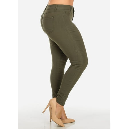 Zip Off Pants Olive - Womens Juniors Stylish Mid Waist Solid Olive One Button Stretchy Skinny Pants 30729J