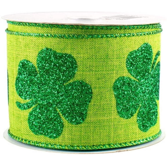 Green Glitter Clovers Wired Ribbon - 2 1/2" x 10 Yards, St. Patrick's Day, St.Paddy's, Earth Day, Kiss Me I'm Irish, Wreath
