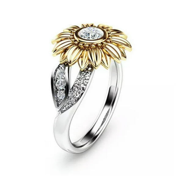 HOOUN Women Men Sunflower Big Silver Ring Cubic White Topaz Wedding Ring Size 6-10-7