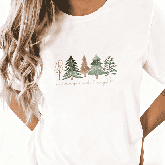 Merry And Bright Christmas Trees Print Tshirt Graphic Tees Holiday Winter Shirts White S-5XL Tops