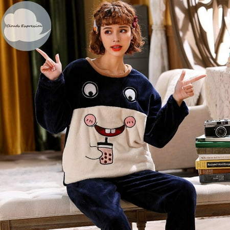 

QWZNDZGR Winter Long Sleeved Warm Flannel Pajamas Women Pajama Sets Print Thicken Sleepwear Pyjamas Plus Size Pajama Sets M-3XL Nightwear