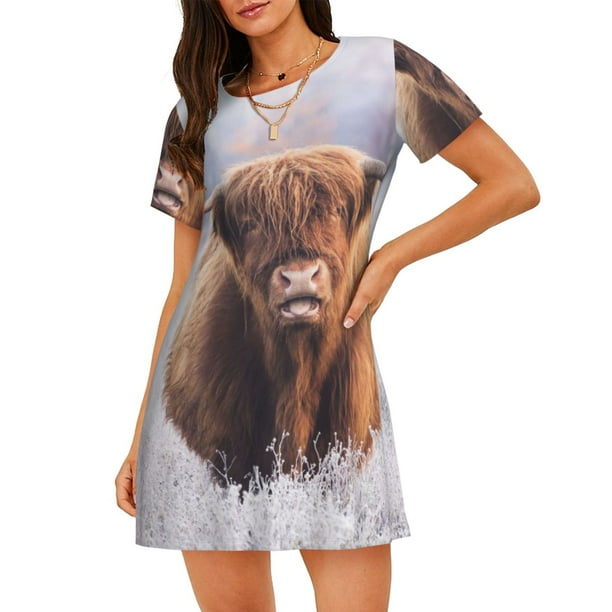 Balery Cow Camisón de manga corta con cuello redondo para mujer, cómodo y elegante.