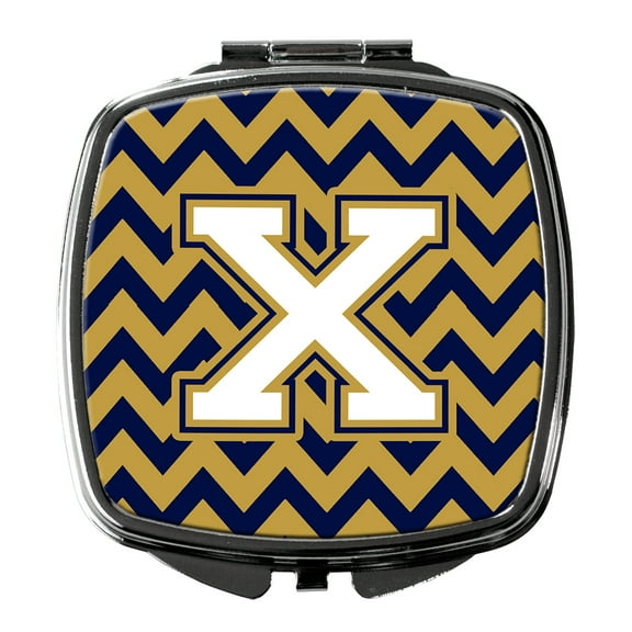 Letter X Chevron Navy Blue and Gold Compact Mirror CJ1057-XSCM