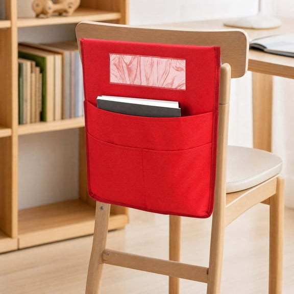 Classroom Seat Back Chair Pockets Organizer, Slide‑On Hanging Desk Storage Sack with Clear Name Card Slot