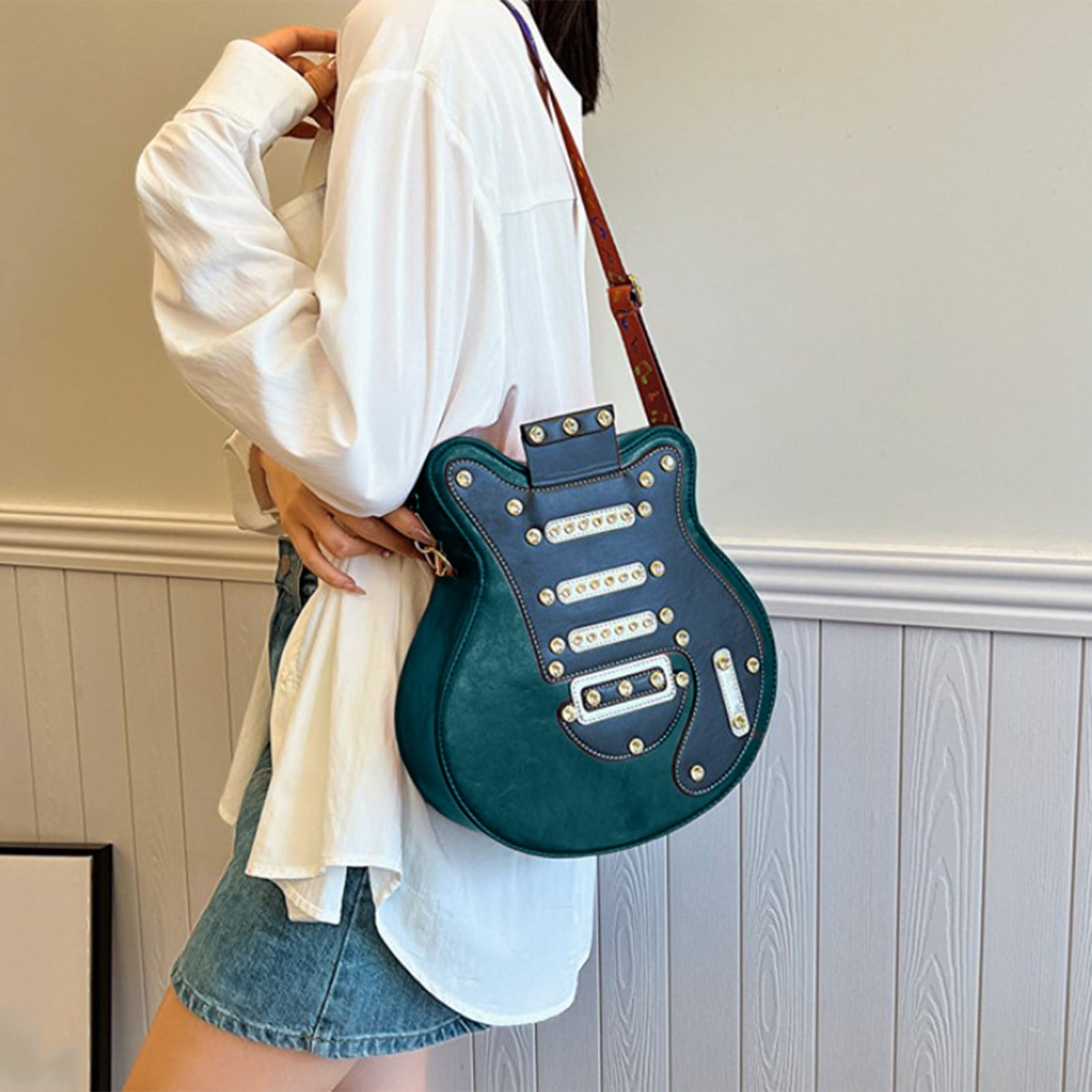 Mauxuk Unique Guitar Shaped Backpack - Stylish PU Leather Sling Bag, Rhinestone Rivets, Adjustable Strap, 12.2x11x3.1in, 1.3lb, Travel & Gifts