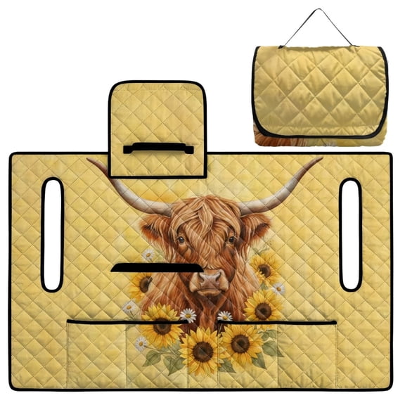 COEQINE Golf Cart Seat Covers with Carry Handle, Comfortable Golf Cart Seat Towel Blanket, Fits for EZGO Yamaha Club Car and Other 2-Seat Golf Carts, Highland Cow Sunflower Yellow