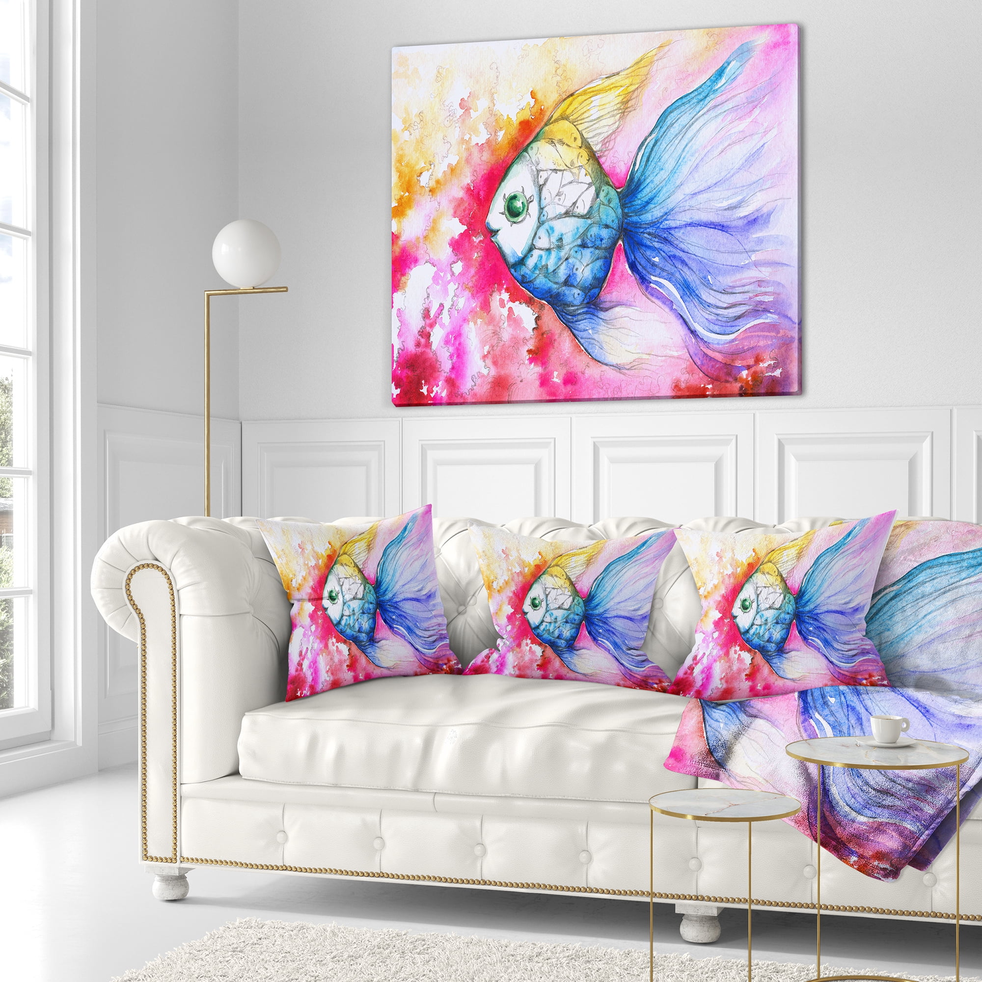 Designart Blue Fish on Red Background - Animal Throw Pillow - 16x16