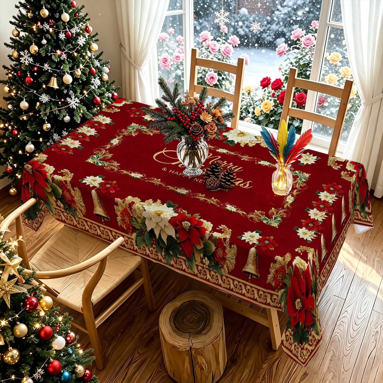Vintage Red Christmas Flower Bell Print Rectangular Tablecloth Multi Size Festive Home Holiday Gathering Table Decor