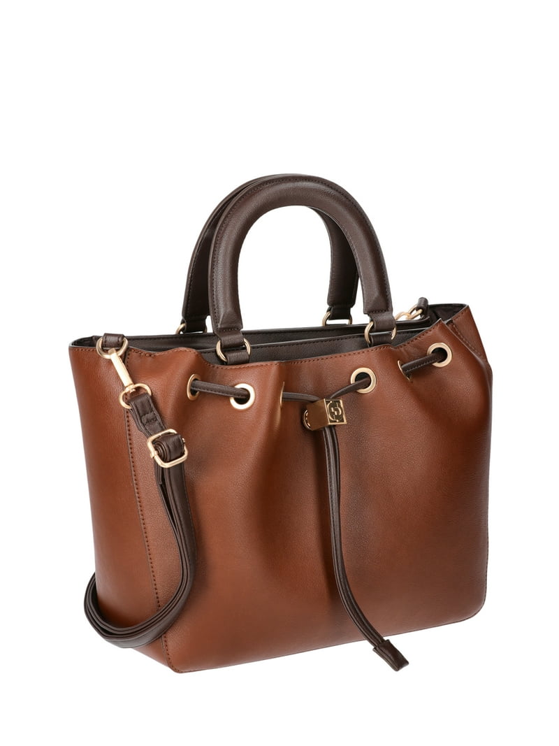 Time and Tru Women's Brynlee Faux Leather Drawstring Tote Handbag