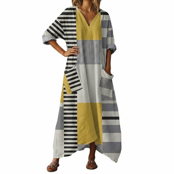 SONXAHE Women's Stripe Block Patchwork V Neck Maxi Dress Pocket Oversized Leisure Long Dress