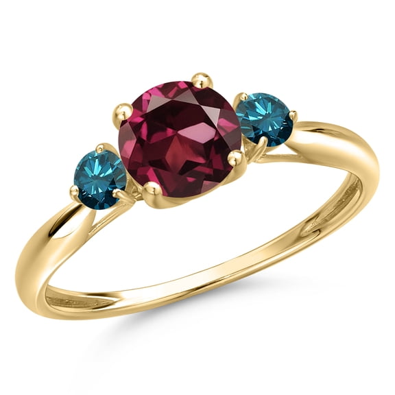 Gem Stone King 10K Yellow Gold Red Rhodolite Garnet and Blue Diamond 3-Stone Ring for Women | 1.20 Cttw | Round 6MM | Gemstone January Birthstone | Size 8