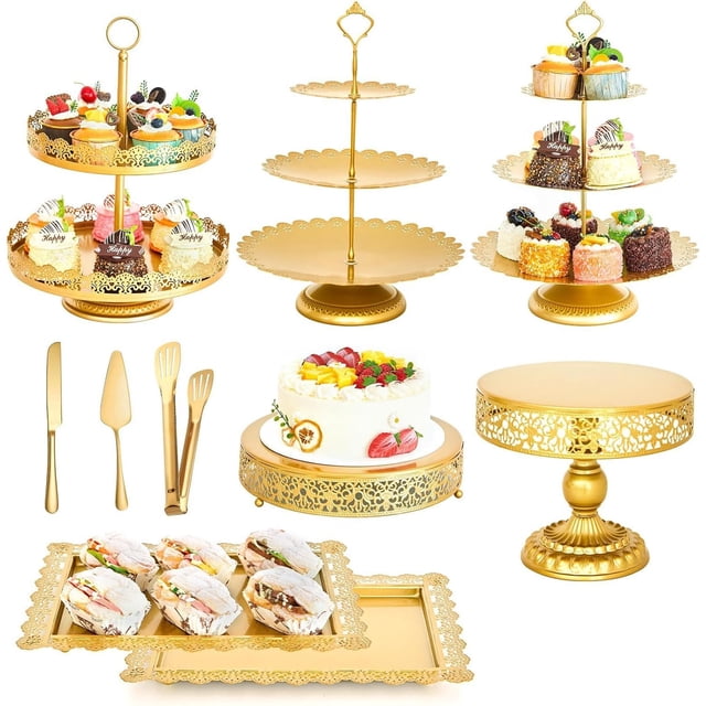 Juego de 10 Soportes para Tartas Dorados, Soporte para Cupcakes, Base para Mesa de Postres para Servir Pasteles y Frutas y Postres para Bodas o Cumpleaños