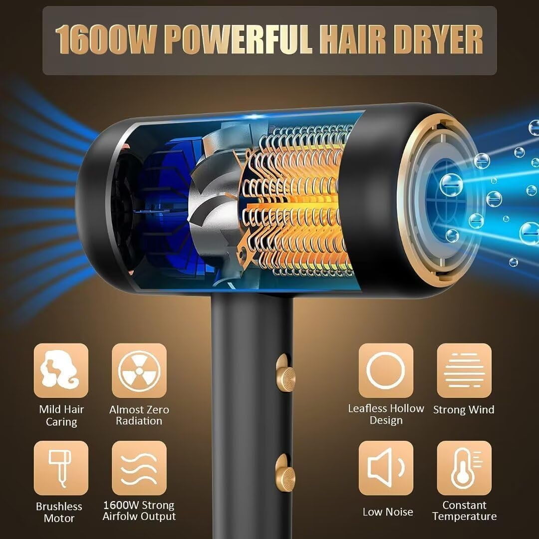 2025 1600W Ionic Hair Dryer, Professional Negative Ion Hair Blow Dryer with Diffuser &2 Nozzles for Curly Hair, Powerful AC Motor, 3 Heating/2 Speed/Cold Settings for Women Men Kids Salon(Grey)