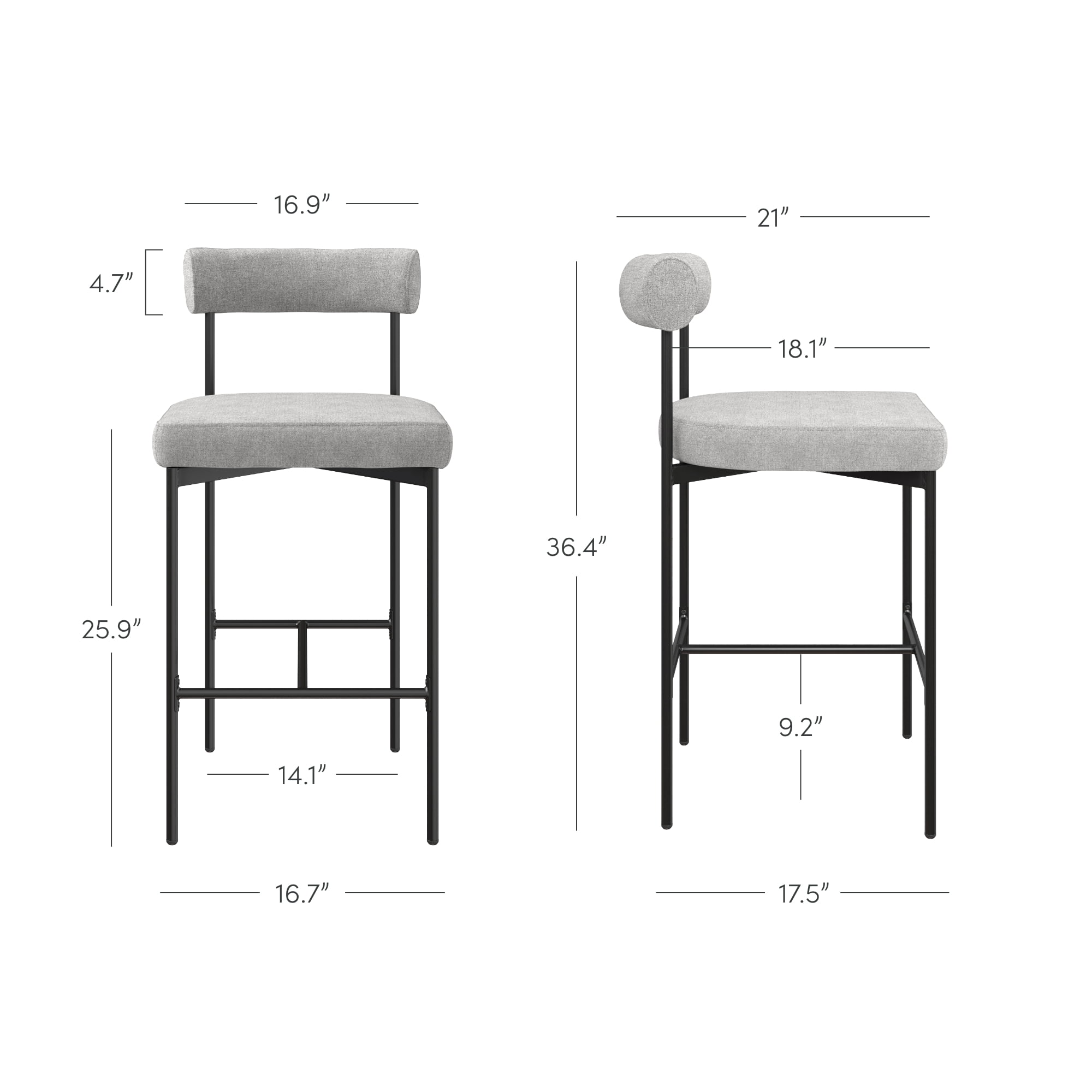 Nathan James Dahlia Bar Stool with Back & Mid-Century Metal Legs, Light Gray/Black