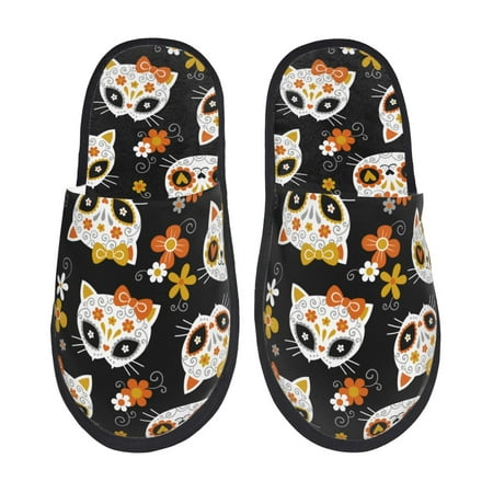 

Yiaed Cat Skulls and Flowers Print Unisex House Slippers Slip on Warm Shoes Indoor Outdoor with Anti-slip sole-Medium