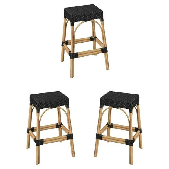 Home Square 30" Rectangular Rattan Bar Stool in Black - Set of 3