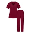 thumbnail image 4 of IUYRTFE Women's V-Neck Short Sleeve Scrub Set with Drawstring Waist and Pockets Medical Uniform Top and Straight Leg Pants, 4 of 5