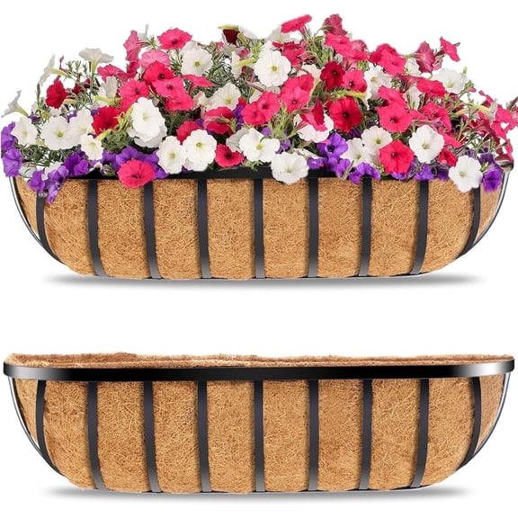 Gamexcel 2Pack 24" Window Box Deck Railing Planter with Horse Trough Coco Liners, Hanging Baskets for Balcony, Porch, Fence, Patio