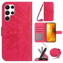for Samsung Galaxy S23 Ultra Case with Adjustable Crossbody Strap, Wallet Case Flip Case PU Leather Embossed Flowers Folio Magnetic Kickstand Cover Card Slots for Samsung Galaxy S23 Ultra, Rose