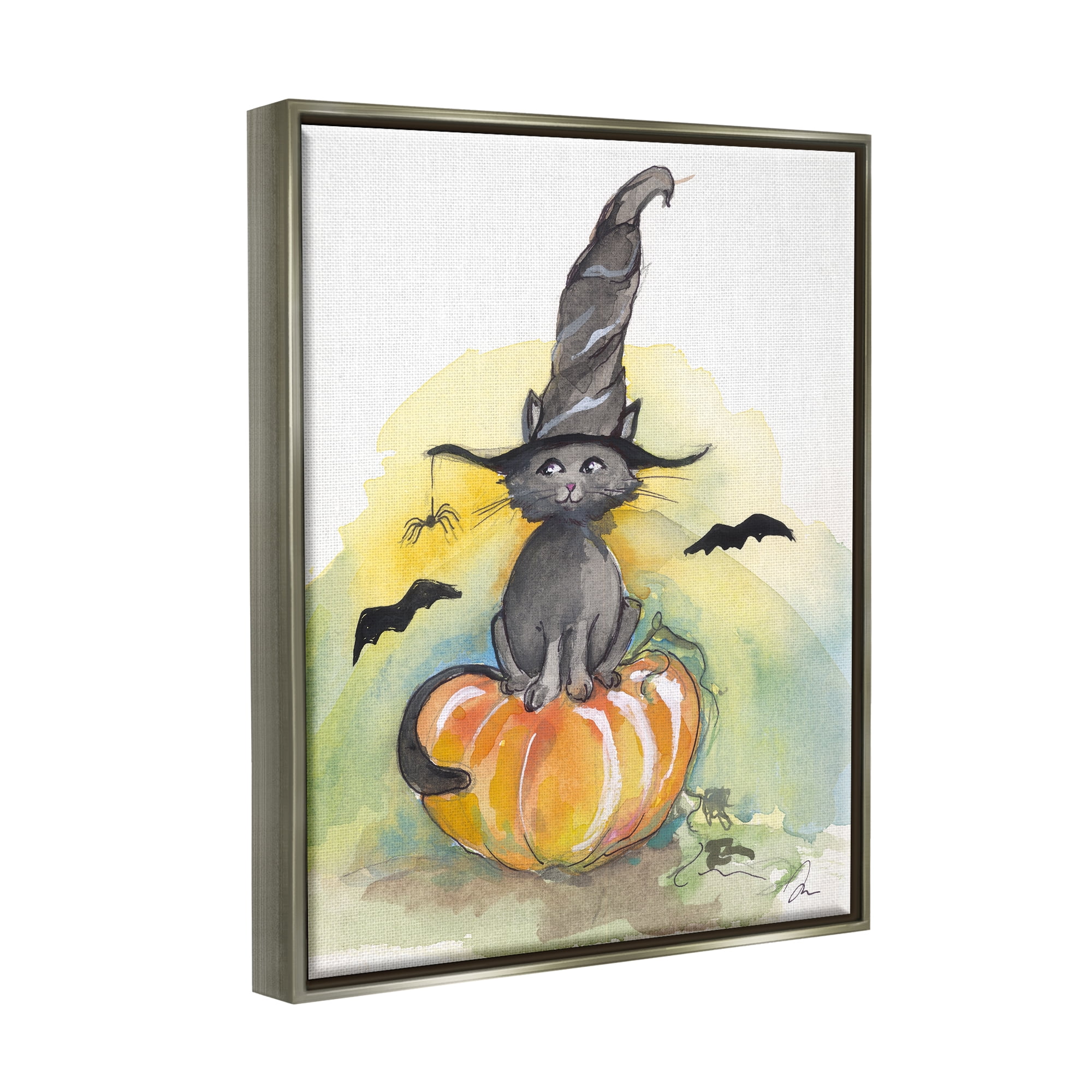 Stupell Industries Witch Cat on Pumpkin Holiday Painting Gray Floater Framed Art Print Wall Art, 25 x 31
