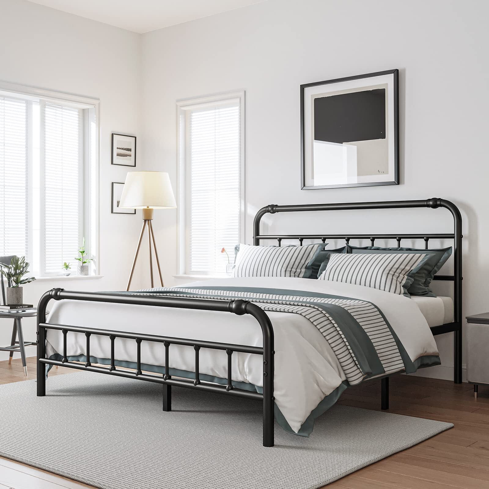 QFTIME Queen Bed Frame with Headboard, Heavy-Duty Metal Platform Bed Frame with 18" High, Non-Slip and Noise-Free, No Box Spring Needed, Black