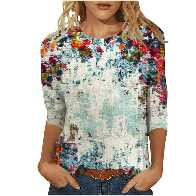 Pompotops T-shirt Imprimé pour Femmes, Manches 3/4 Mi-Longues, Col Rond, Décontracté, Liquidation