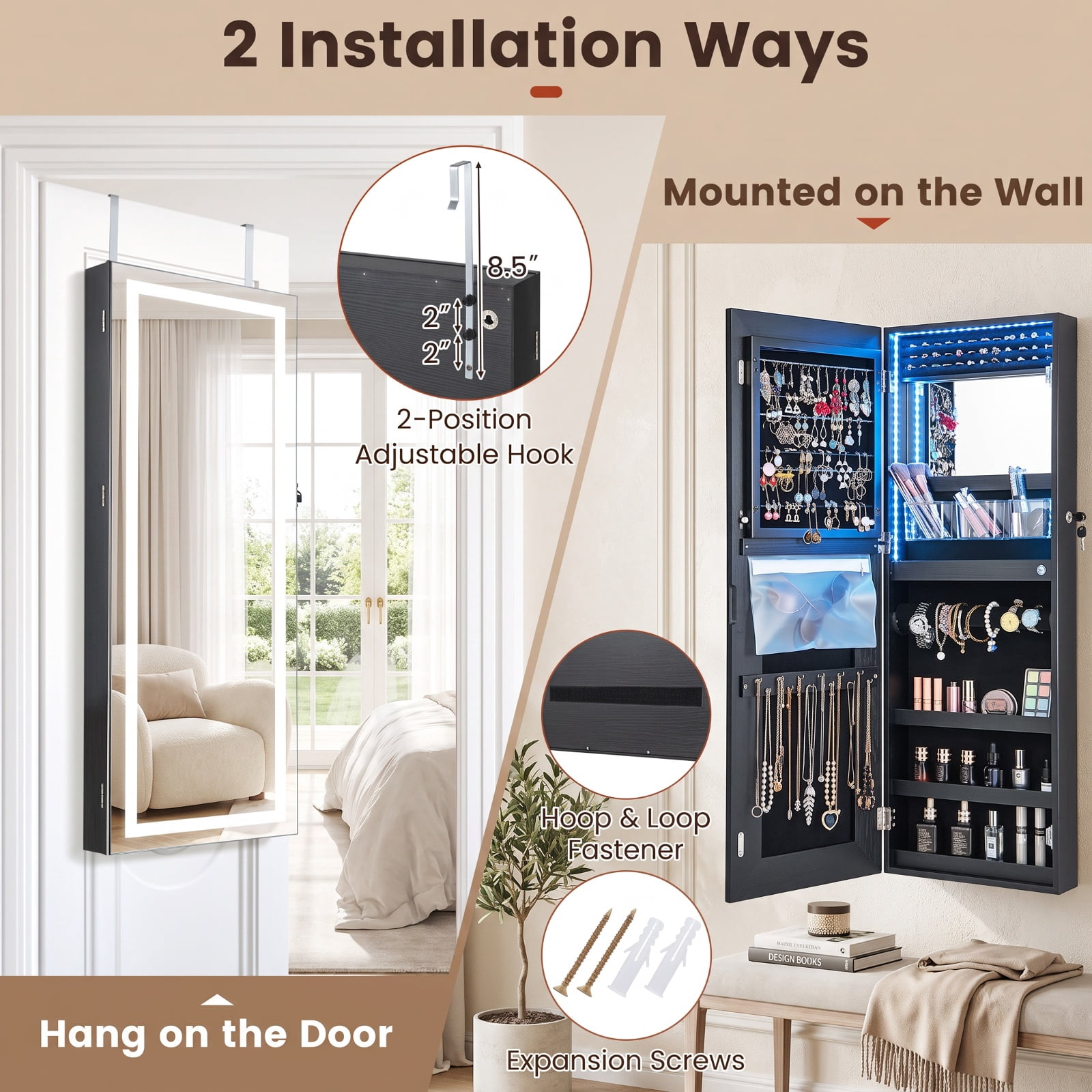 Furnibear 42.5 Inches Lockable Jewelry Mirror Wall Cabinet with 3-Color LED Lights for Bedroom Dressing Room Jewelry Necklace Rings Storage, Black