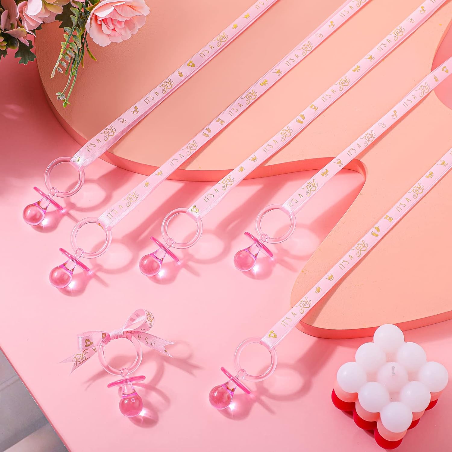 60 Pieces Baby Shower Pacifiers Necklace Acrylic Pacifiers Necklace Charm for Baby Shower Party Favors Decorations, Women Style(Pink, Gold)