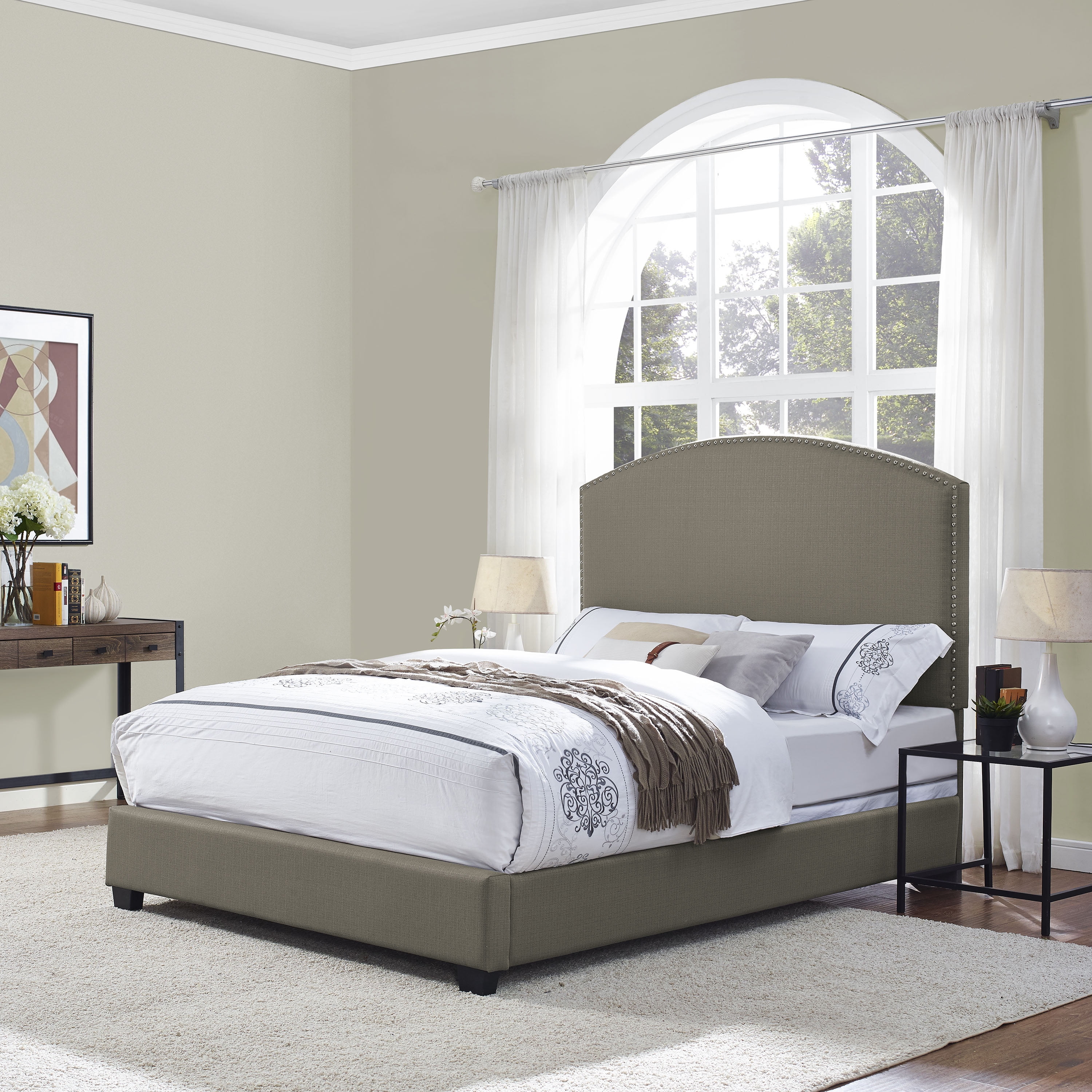Cassie Curved Upholstered Queen Bed In Shadow Gray Linen