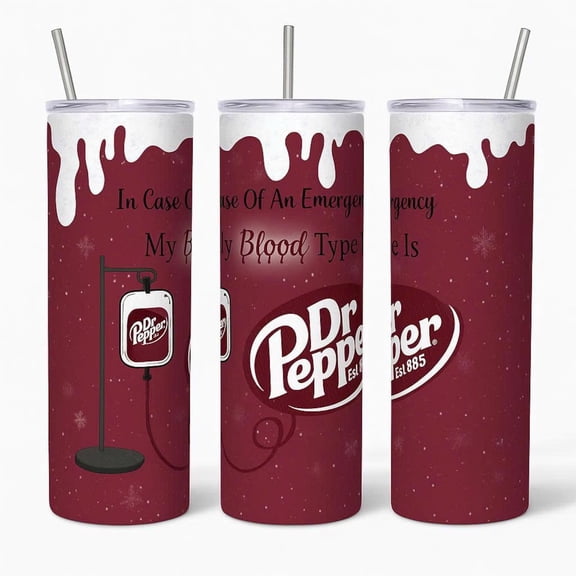[NO STRAW] Dr Pepper Inspired Tumbler 20oz, Funny Soda Lover Skinny Cup, “My Blood Type Is Dr Pepper” Gift, Stainless Steel Insulated Drinkware