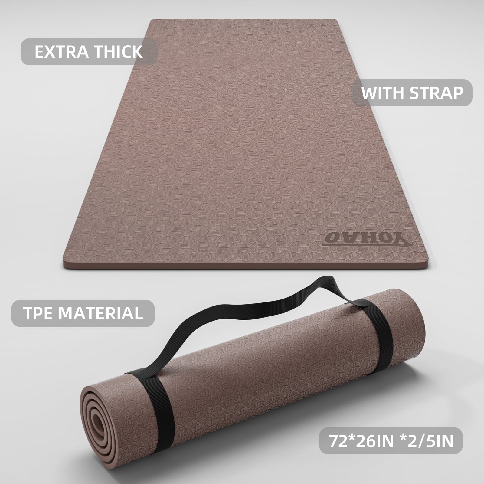 YOHAO Yoga Mat 10mm Thick,72"×26",Non-Slip Eco TPE,Strap included for Travel,Pilates and Fitness Workout(Dark Blown)