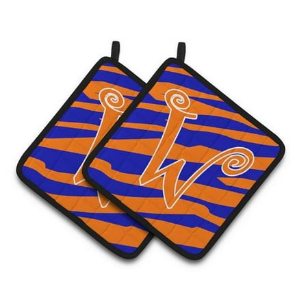 

Monogram Initial W Tiger Stripe Blue & Orange Pair of Pot Holders