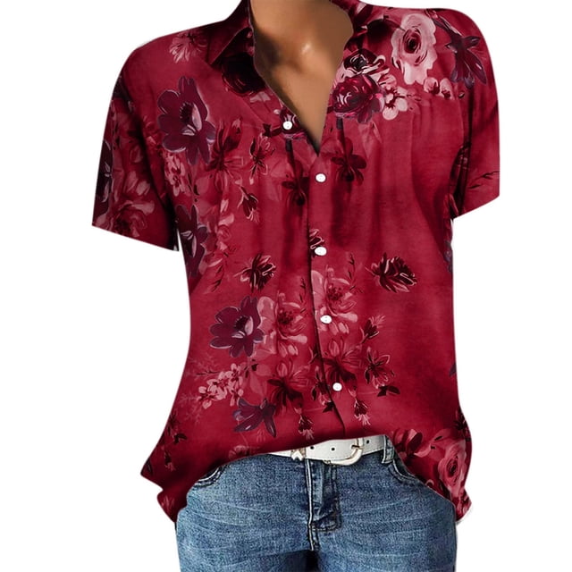 Mefallenssiah Été pour les Femmes, Manches Courtes Femmes Col Revers avec Bouton Imprimé Fleurs tops