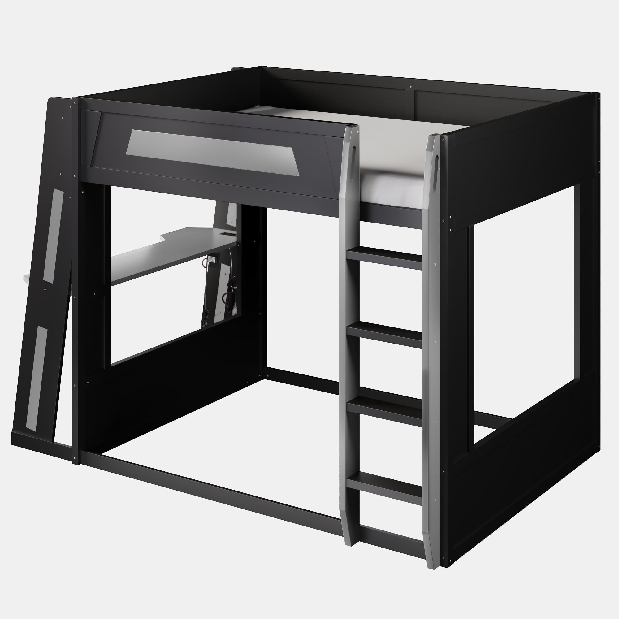 Euroco Queen Size Bunk Bed with Desk and Shelves, Gaming Bed with LED Light and USB Charging, Black & Grey