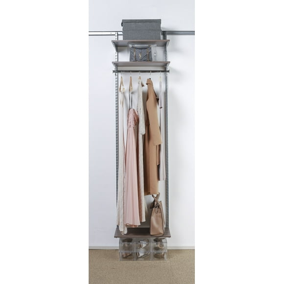 Long-hang Closet System Organizer, 24"W x 78"H x 14"D, Hanging Rod, Wood shelves, Chocolate Pear RS1013