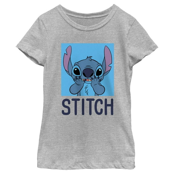 Girl's Lilo & Stitch Blue Square Portrait Stitch Graphic Tee Athletic Heather Small